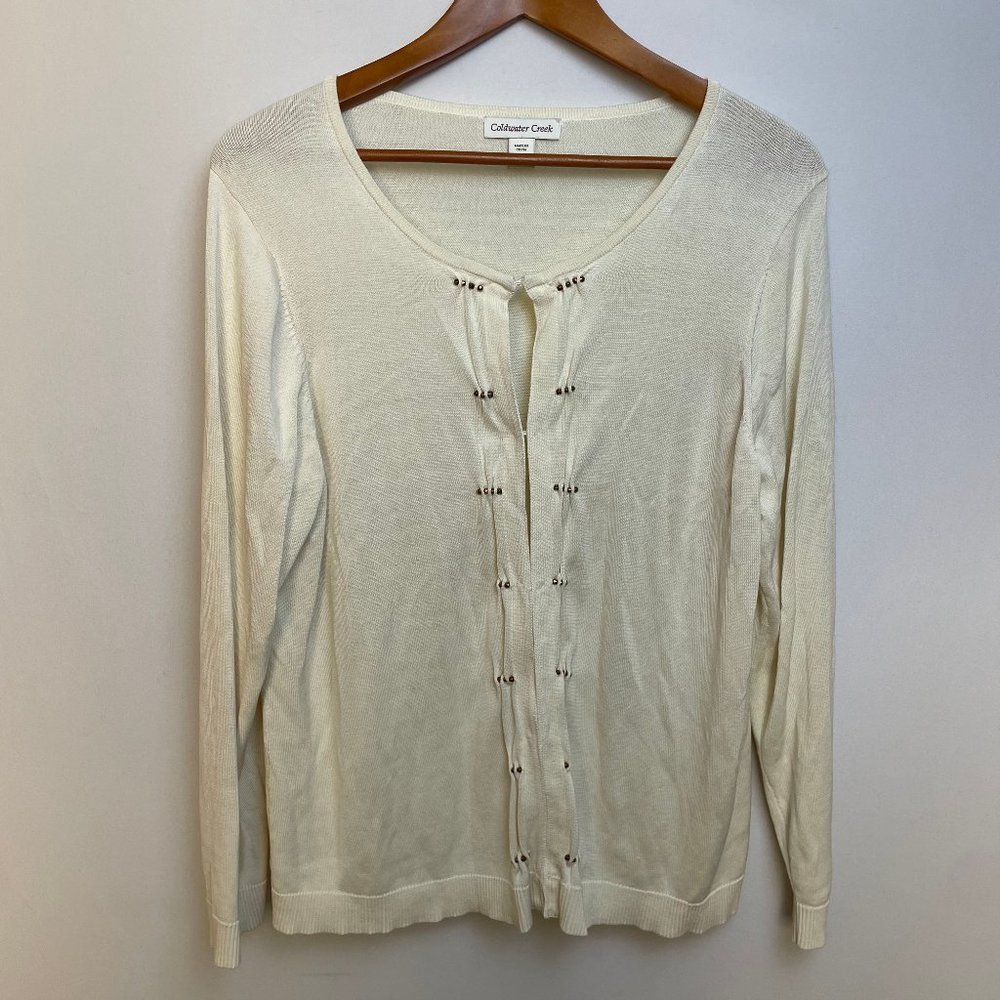 Coldwater Creek Womens Embellished Cardigan Sweater Size 1X Cream Silk Blend